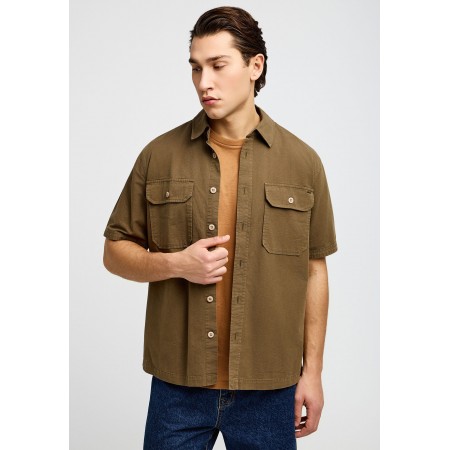 Funky Buddha Print On The Back Ανδρικό Κοντομάνικο Πουκάμισο Λαδί