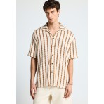 Funky Buddha Striped Ανδρικό Κοντομάνικο Πουκάμισο Κοντομάνικο Εκρού, Καφέ