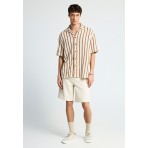 Funky Buddha Striped Ανδρικό Κοντομάνικο Πουκάμισο Κοντομάνικο Εκρού, Καφέ