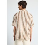 Funky Buddha Striped Ανδρικό Κοντομάνικο Πουκάμισο Κοντομάνικο Εκρού, Καφέ