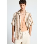 Funky Buddha Striped Ανδρικό Κοντομάνικο Πουκάμισο Κοντομάνικο Εκρού, Καφέ