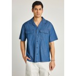 Funky Buddha Ανδρικό Κοντομάνικο Πουκάμισο Μπλε