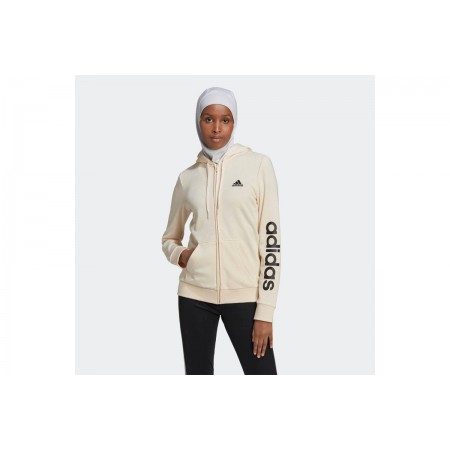 Adidas Linear French Terry Γυναικεία Ζακέτα με Κουκούλα Εκρού