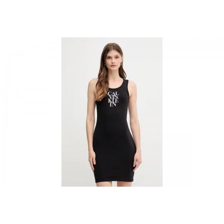 Calvin Klein Logo Graphic Ribbed Γυναικείο Φόρεμα Mini Μαύρο
