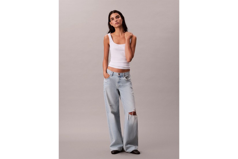 Calvin Klein Slim Ribbed Cotton Γυναικεία Αμάνικη Μπλούζα Λευκή
