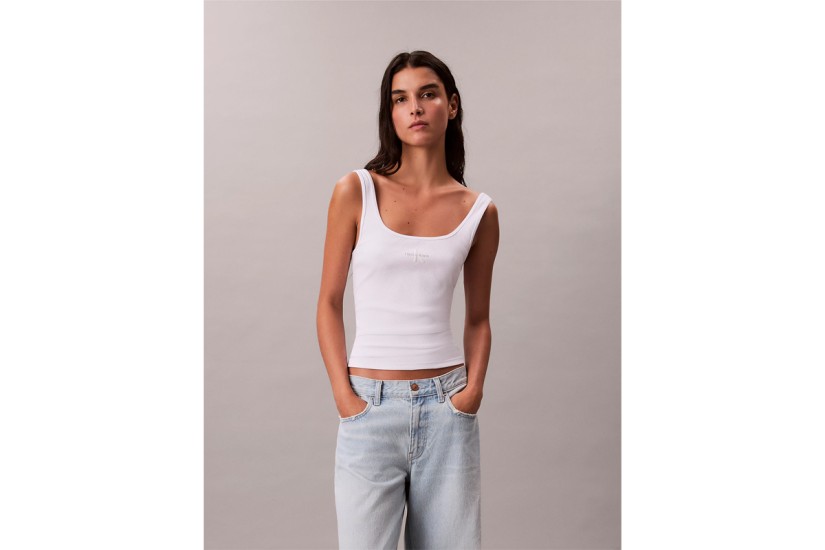 Calvin Klein Slim Ribbed Cotton Γυναικεία Αμάνικη Μπλούζα Λευκή