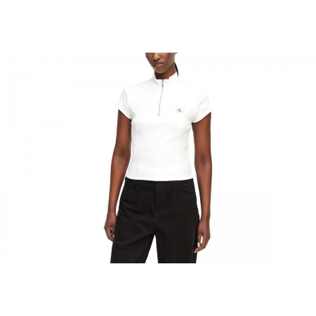 Calvin Klein Monologo Patch Rib Zip Γυναικείο Κοντομάνικο Top Λευκό