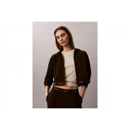 Calvin Klein Cropped Logo Γυναικεία Βαμβακερή Ζακέτα με Κουκούλα Καφέ