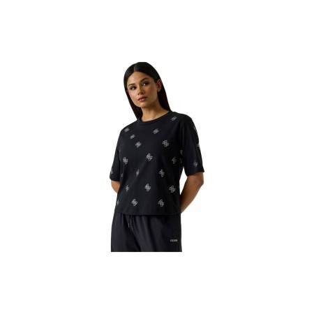 Guess Silvy 4G Rhinestones Γυναικείο Κοντομάνικο T-Shirt Μαύρο, Ασημί