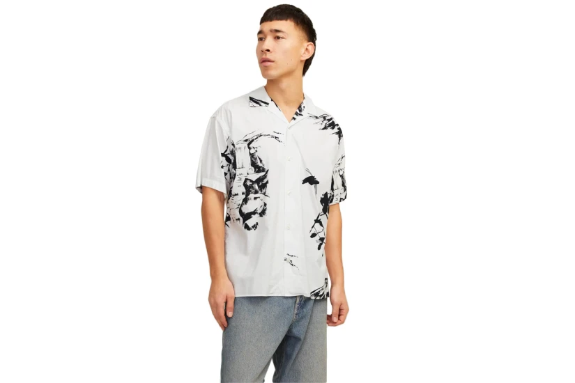 Jack And Jones Ανδρικό Κοντομάνικο Πουκάμισο Λευκό & Μαύρο