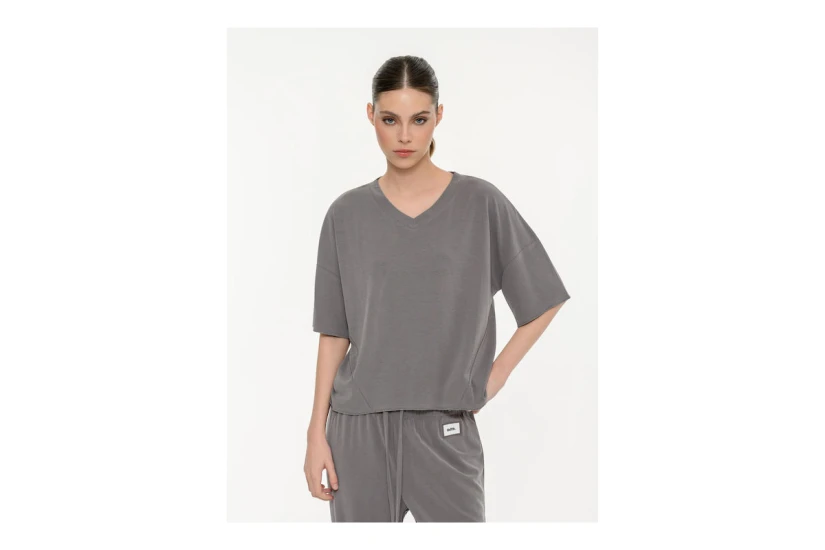 Body Talk Γυναικείο Κοντομάνικο Cropped T-Shirt Γκρι