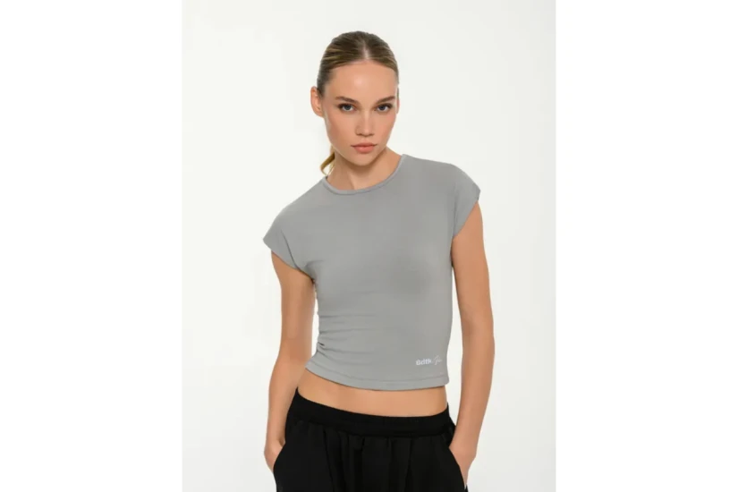Body Talk Modal Blend Γυναικείο Κοντομάνικο Crop Top Γκρι