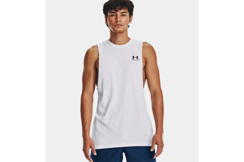 Under Armour Left Chest Cut - Off Ανδρική Αμάνικη Μπλούζα Λευκή
