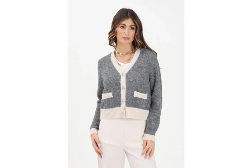 Only Onlmaggie Knitted Γυναικεία Πλεκτή Ζακέτα Γκρι, Εκρού