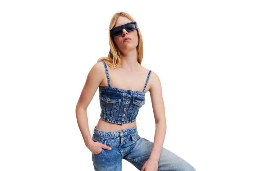 Karl Lagerfeld Denim Γυναικεία Αμάνικη Crop Top Μπλούζα Μπλε