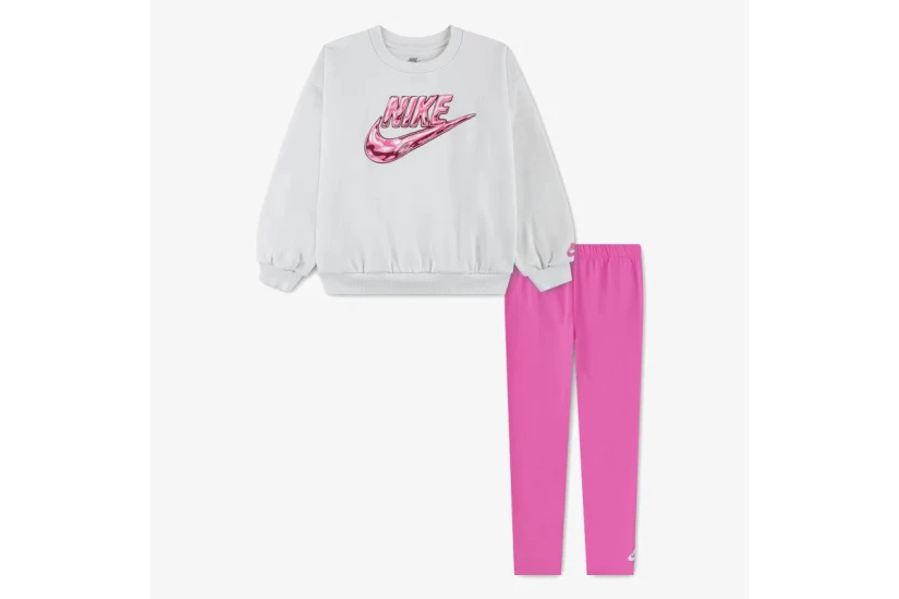 Nike Sportswear Παιδικό Σετ Μακρυμάνικη Μπλούζα - Κολάν Λευκό, Ροζ