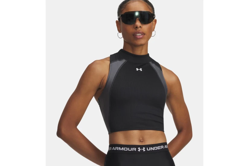 Under Armour Heatgear Rib Γυναικείο Αμάνικο Crop Top Μαύρο, Ανθρακί