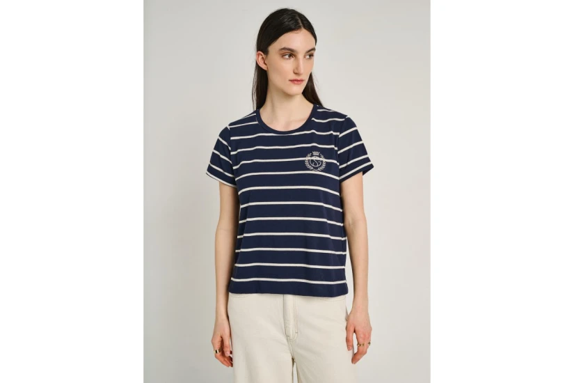Staff Γυναικείο Κοντομάνικο Ριγέ T-Shirt Μπλε Σκούρο, Λευκό