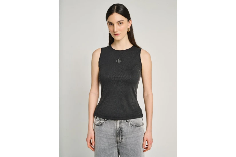 Staff Pansy Γυναικείο Αμάνικο T-Shirt Μαύρο, Ασημί