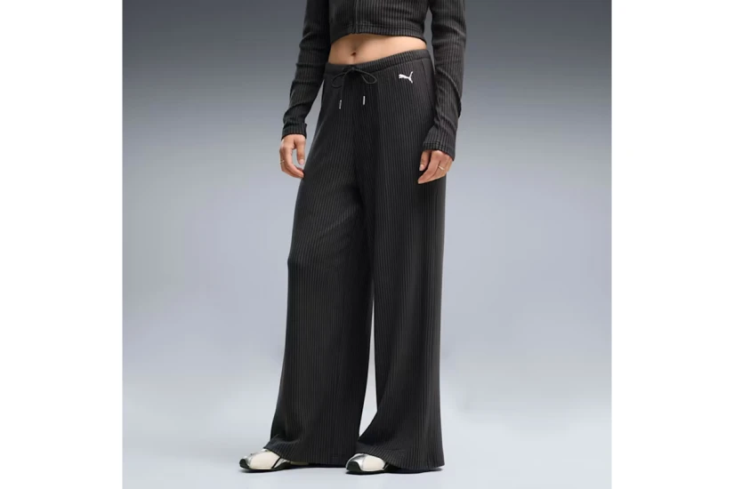 Puma Essentials Wide Leg Ribbed Γυναικείο Παντελόνι Φόρμας Μαύρο