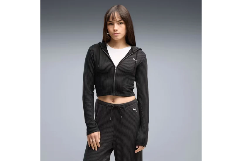 Puma Essentials Ribbed Γυναικεία Πολυεστερική Ζακέτα με Κουκούλα Μαύρη