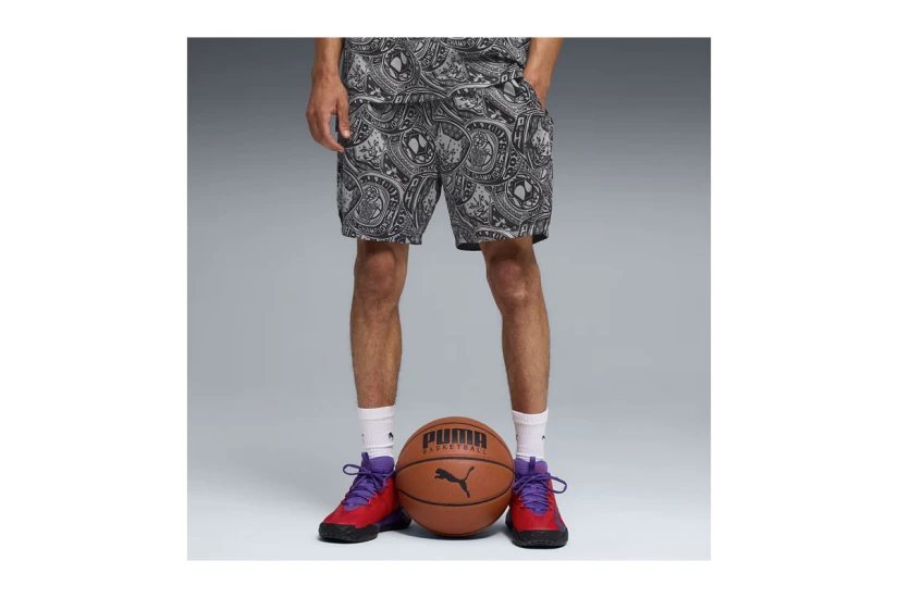 Puma Flag Foul All Over Print 15cm Ανδρική Μπασκετική Βερμούδα Γκρι Σκούρο, Μαύρη