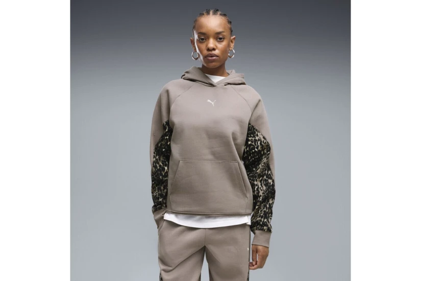 Puma Sport Animal Fleece Γυναικείο Φούτερ με Κουκούλα Καφέ, Μαύρο, Εκρού