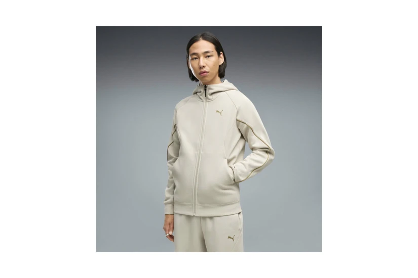 Puma Sport Fleece Ανδρική Βαμβακερή Ζακέτα με Κουκούλα Εκρού, Χρυσή