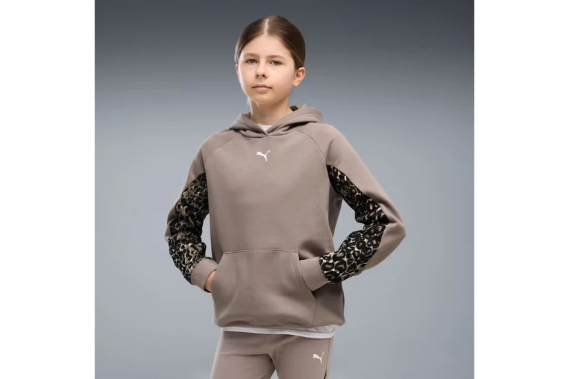 Puma Sport Animal Fleece Παιδικό Φούτερ με Κουκούλα Καφέ, Μαύρο, Εκρού