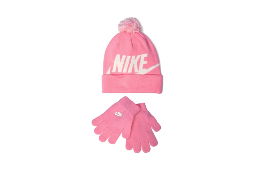 Nike Swoosh Pom Παιδικό Χειμερινό Σετ Σκουφάκι - Γάντια Ροζ