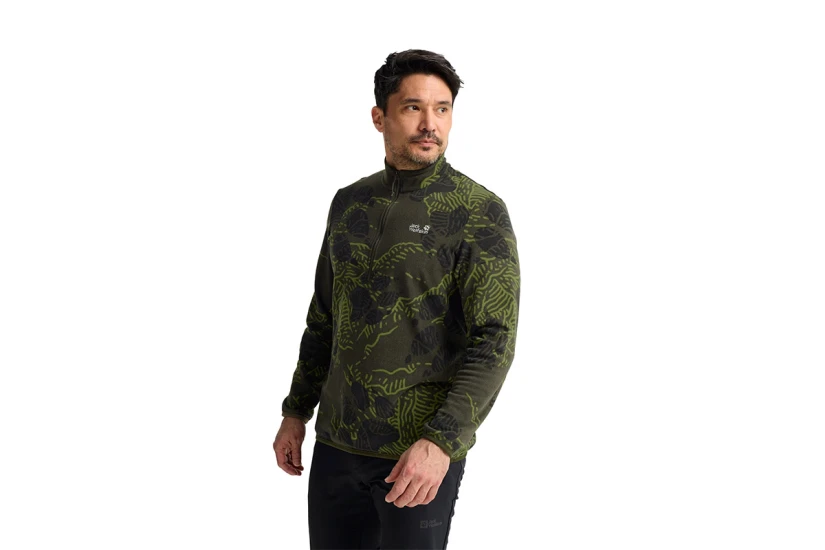 Jack Wolfskin Paw Era 100 Print Warm Fleece Ανδρική Μακρυμάνικη Μπλούζα με Φερμουάρ Χακί, Λαδί, Μαύρα