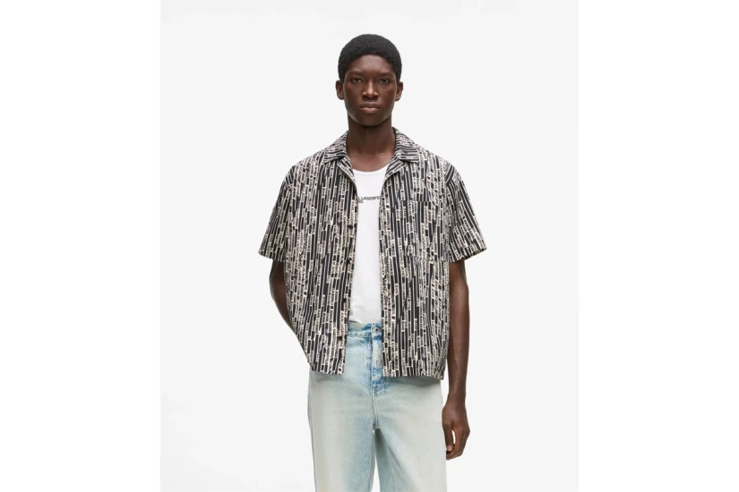 Karl Lagerfeld All Over Print Ανδρικό Κοντομάνικο Πουκάμισο Μαύρο, Λευκό