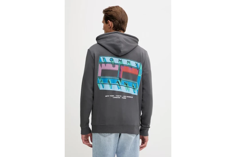 Tommy Jeans Back Graphic Terry Ανδρικό Φούτερ με Κουκούλα Γκρι Σκούρο