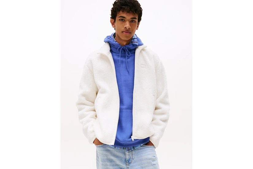Tommy Jeans Badge Teddy Zip-Thru Relaxed Ανδρικό Μπουφάν Sherpa Εκρού