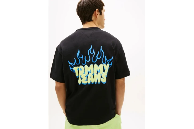 Tommy Jeans Relaxed Bubble Flame Graphic Ανδρικό Κοντομάνικο T-Shirt Μαύρο, Κίτρινο, Μπλε