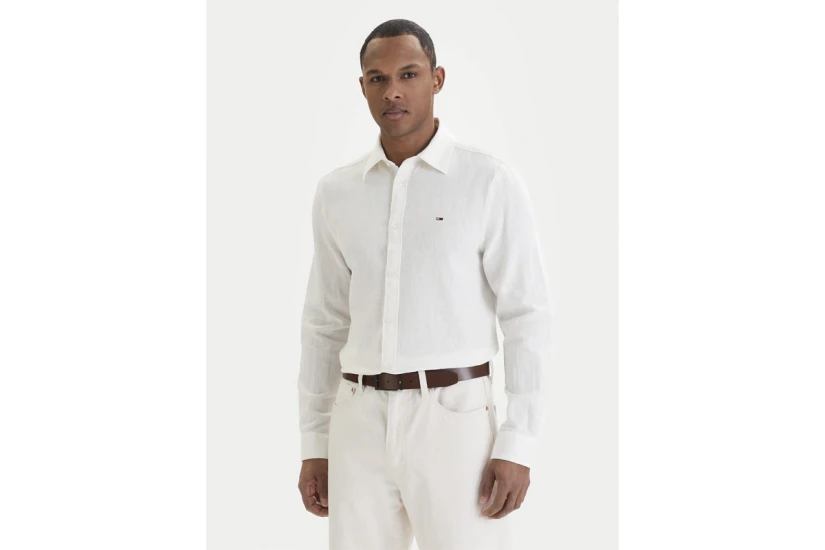Tommy Jeans Linen Blend Ανδρικό Μακρυμάνικο Πουκάμισο Εκρού