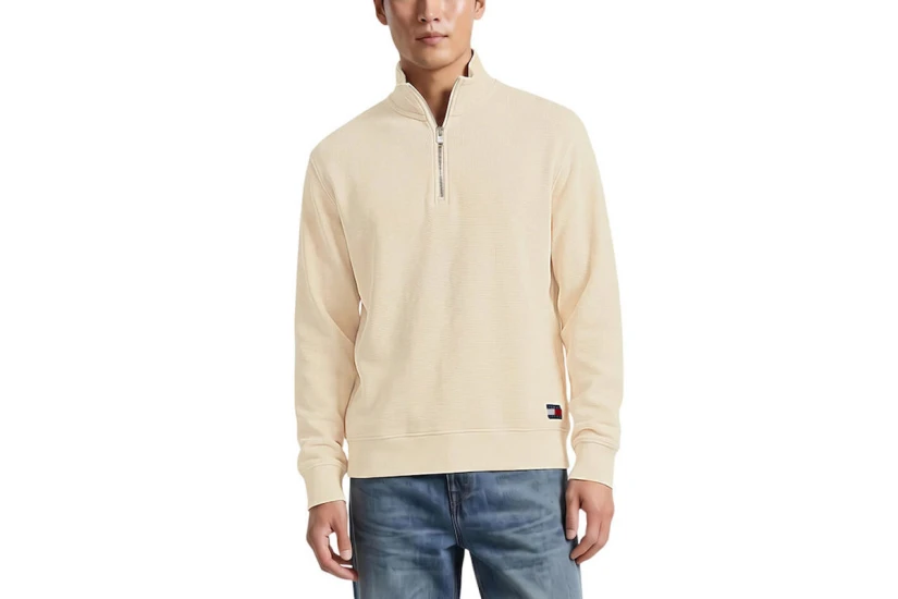 Tommy Jeans Waffle Knit Relaxed Ανδρική Μακρυμάνικη Πλεκτή Μπλούζα με Φερμουάρ Μπεζ