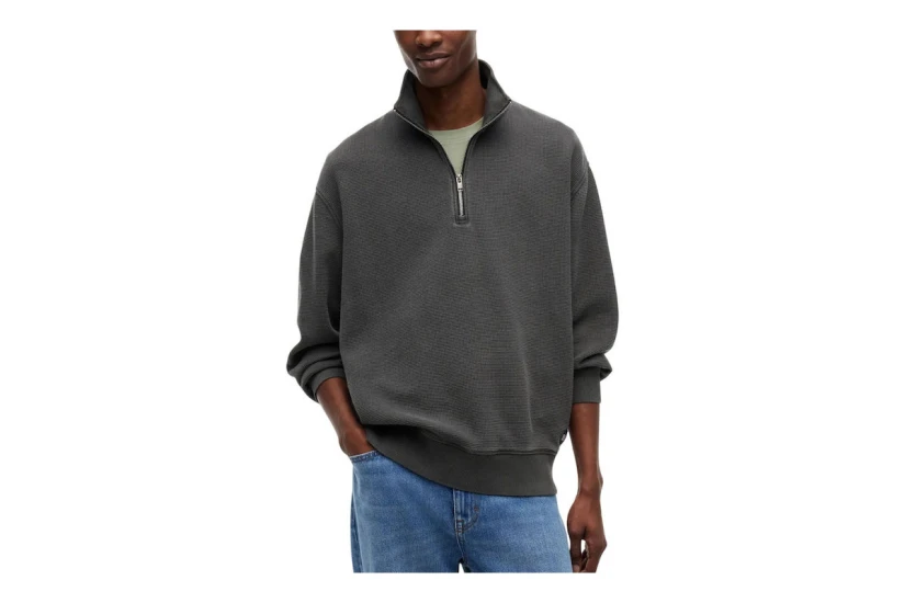 Tommy Jeans Waffle Knit Relaxed Ανδρική Μακρυμάνικη Πλεκτή Μπλούζα με Φερμουάρ Γκρι Σκούρο