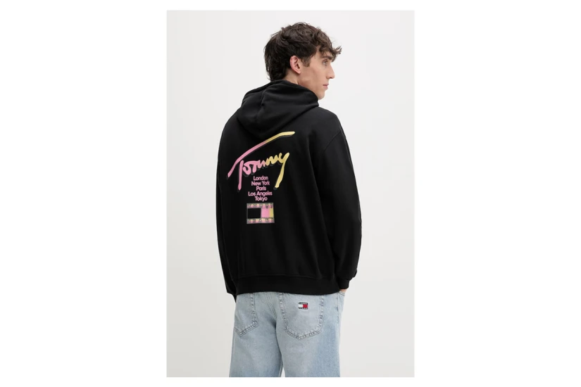 Tommy Jeans Signature Back Logo Relaxed Ανδρικό Φούτερ με Κουκούλα Μαύρο