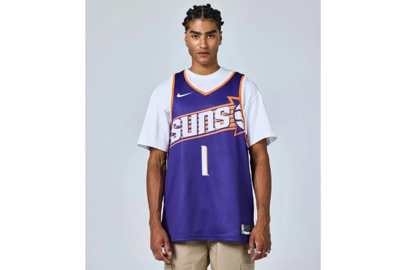 Nike Dri-FIT NBA Devin Booker Phoenix Suns Icon Edition Ανδρική Μπασκετική Φανέλα Μωβ, Πορτοκαλί, Λευκή