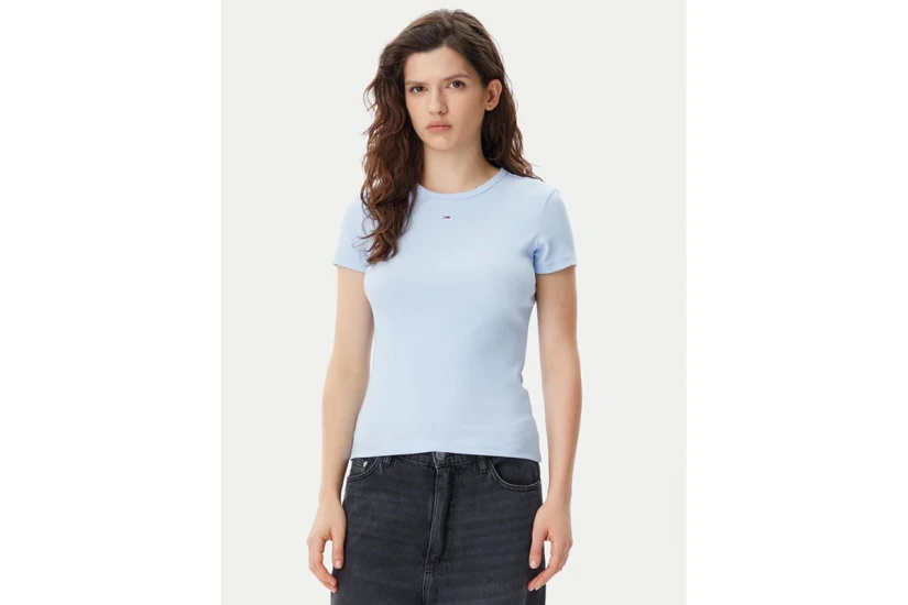 Tommy Jeans Slim Essential Rib Γυναικείο Κοντομάνικο T-Shirt Σιέλ