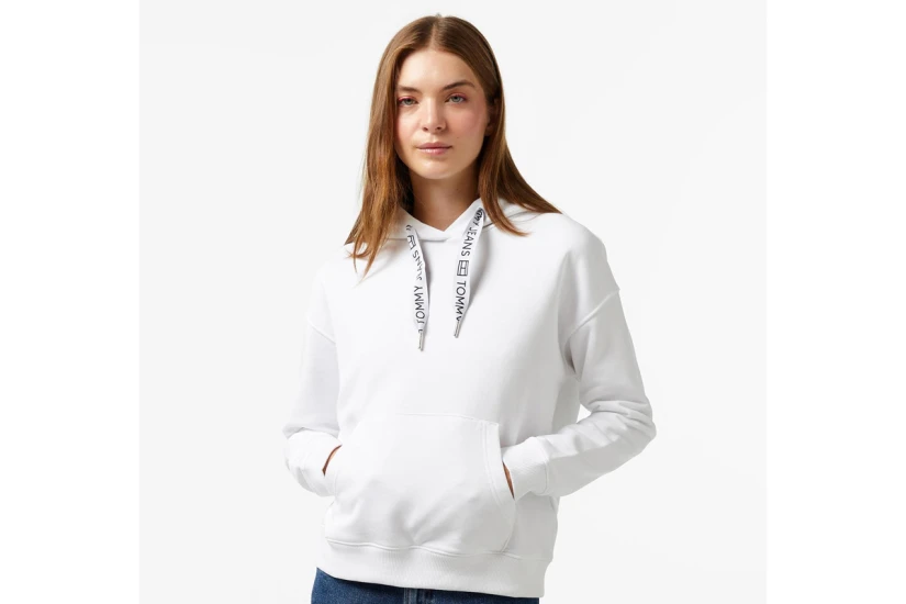Tommy Jeans Drawcord Logo Boxy Γυναικείο Φούτερ Με Κουκούλα Λευκό