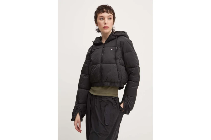 Tommy Jeans Crop Hooted Γυναικείο Μπουφάν Puffer με Κουκούλα Μαύρο