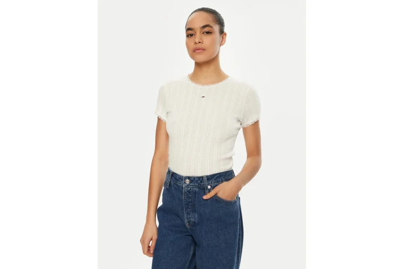 Tommy Jeans Γυναικείο Pointelle Κοντομάνικο T-Shirt Λευκό