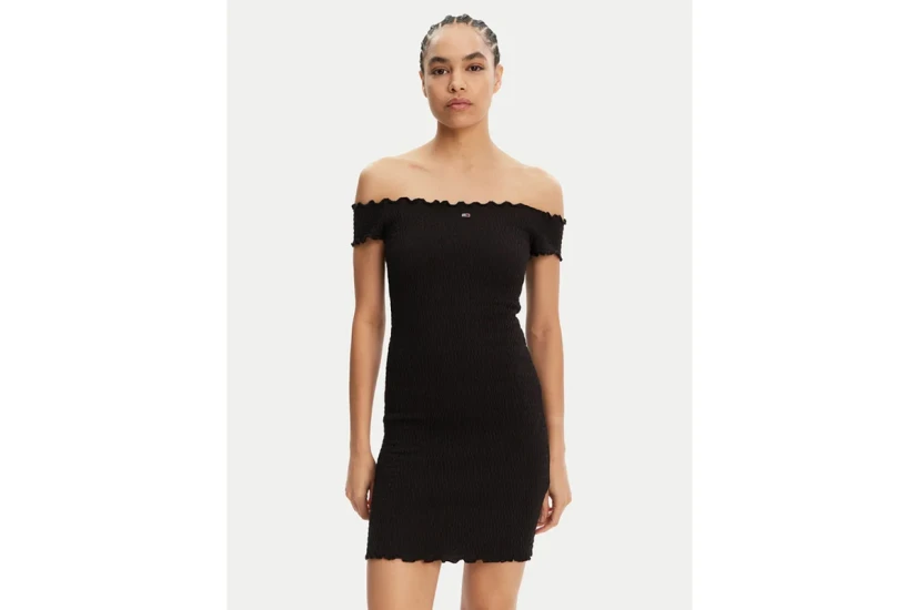 Tommy Jeans Smock Bodycon Γυναικείο Mini Φόρεμα Μαύρο