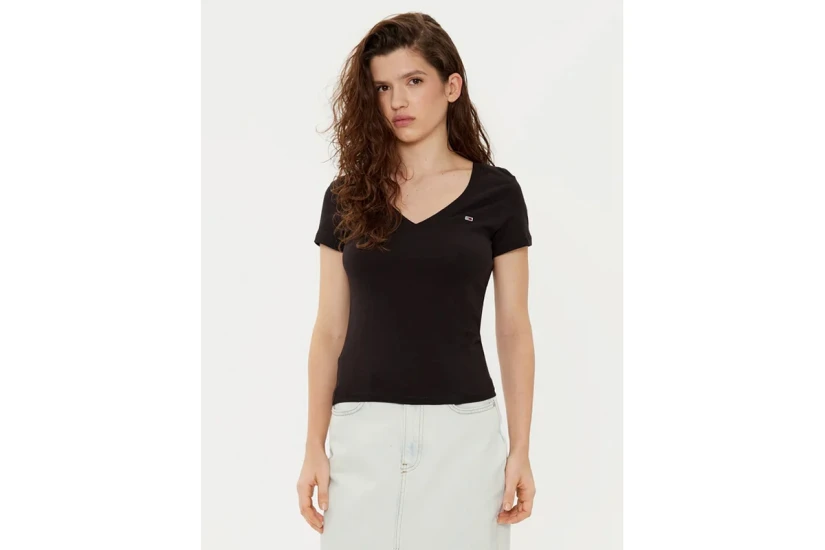 Tommy Jeans Slim V-Neck Γυναικείο Κοντομάνικο T-Shirt Μαύρο
