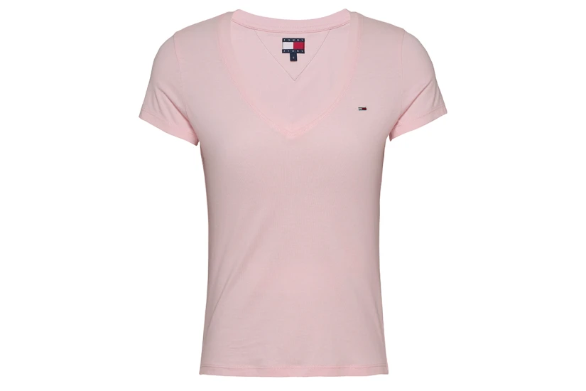 Tommy Jeans Γυναικείο Κοντομάνικο T-Shirt με V Λαιμόκοψη Ροζ