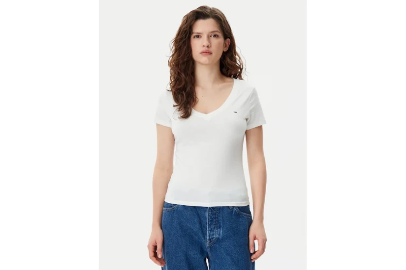 Tommy Jeans Slim V-Neck Γυναικείο Κοντομάνικο T-Shirt Εκρού