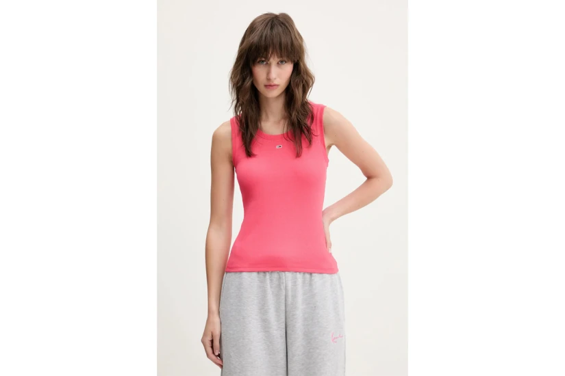 Tommy Jeans Ribbed Slim Scoop Neck Γυναικεία Αμάνικη Μπλούζα Ροζ