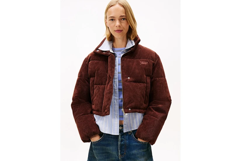 Tommy Jeans Relaxed Corduroy Cropped Γυναικείο Μπουφάν Puffer Καφέ